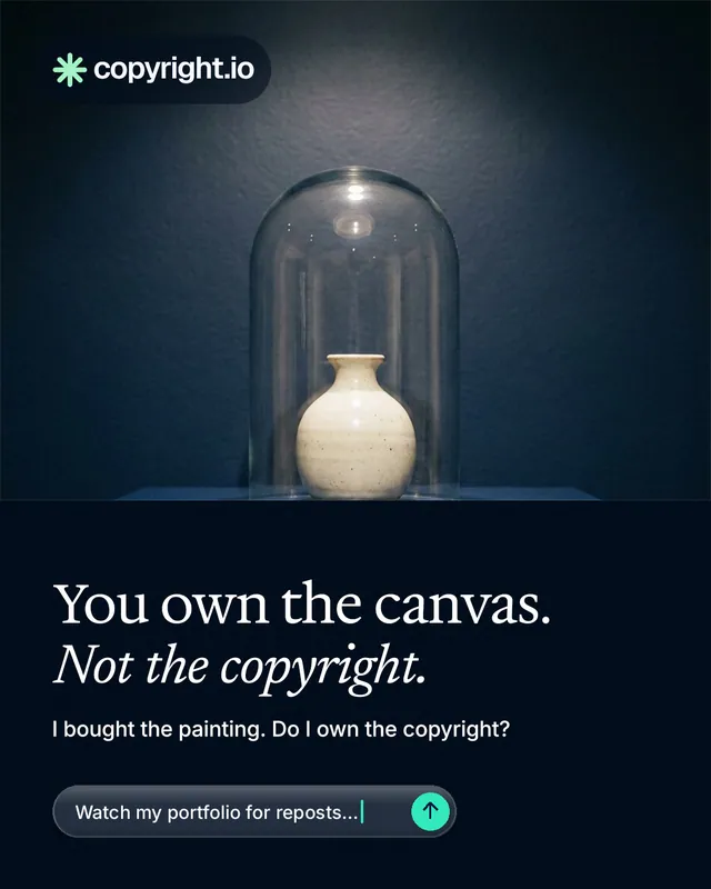 Instagram portrait post for copyright.io: "You own the canvas. Not the copyright." Agentic glass style, bottom layout, dark palette in blue, black, grey.