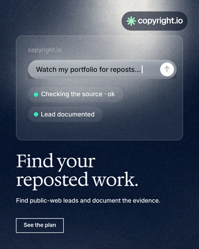 Instagram portrait post for copyright.io: "Find your reposted work." Cyanotype style, bottom layout, dark palette in grey, black, blue.