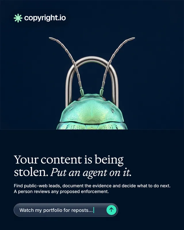 Instagram portrait post for copyright.io: "Your content is being stolen. Put an agent on it." Agentic glass style, bottom layout, dark palette in black, blue.