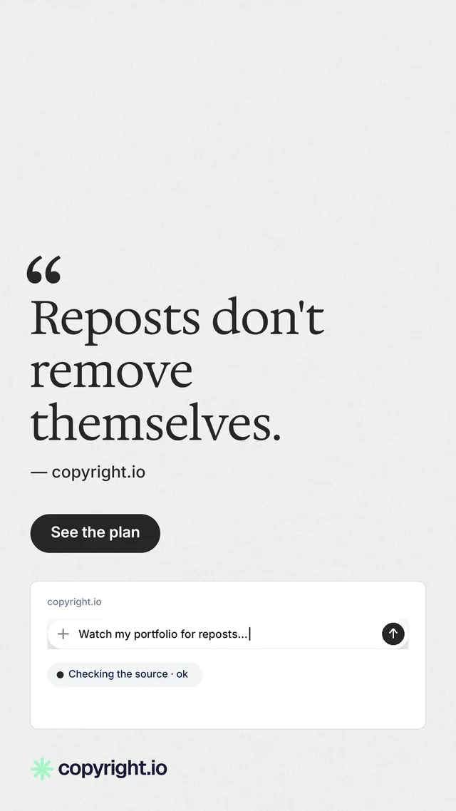 Instagram story for copyright.io: "Reposts don't remove themselves." Data card style, quote layout, light palette in white, grey.