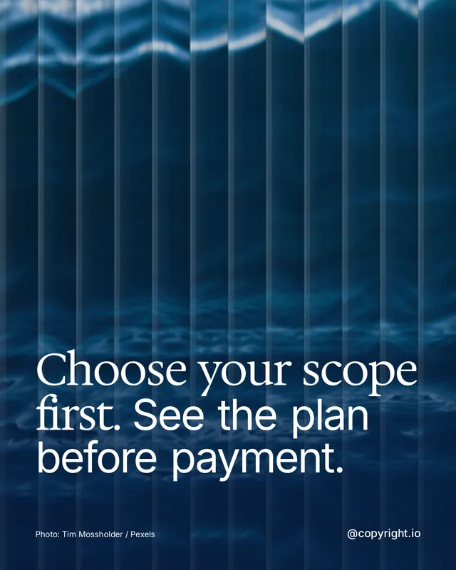 Instagram portrait post for copyright.io: "Choose your scope first. See the plan before payment." Photo style, technique:fluted glass layout, dark palette in blue.