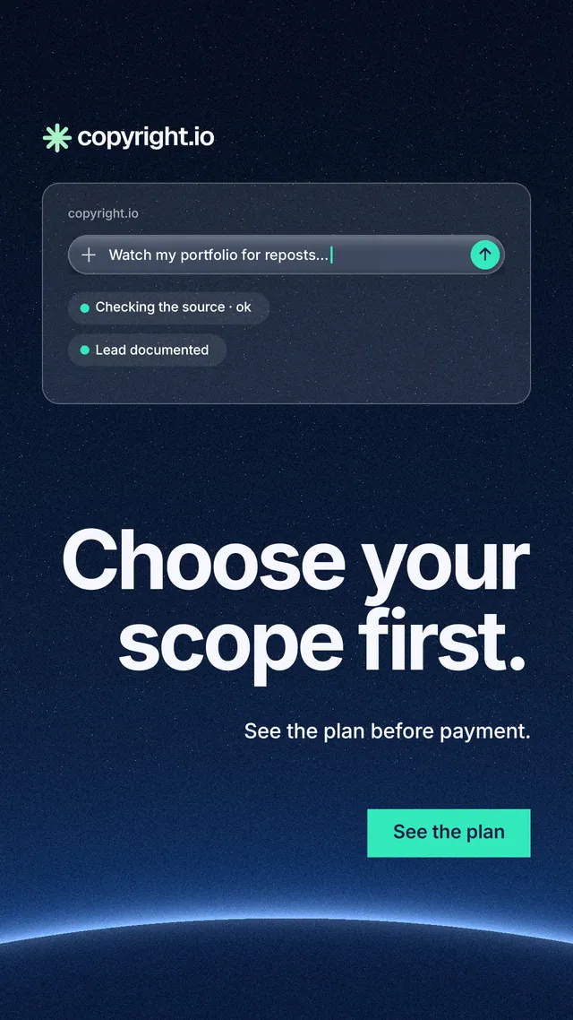 Instagram story for copyright.io: "Choose your scope first." Swiss style, right layout, dark palette in blue, black.