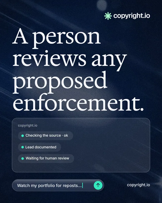 Instagram portrait post for copyright.io: "A person reviews any proposed enforcement." Thermal style, poster layout, dark palette in blue, black, grey.