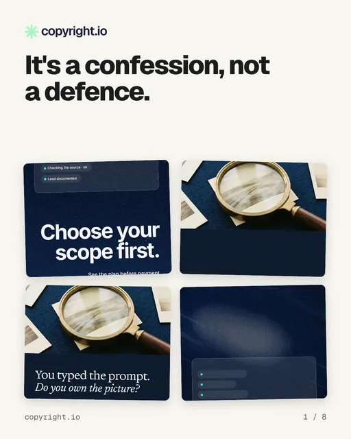 Carousel for copyright.io: "It's a confession, not a defence.". Collection carousel, 8 slides, light palette.