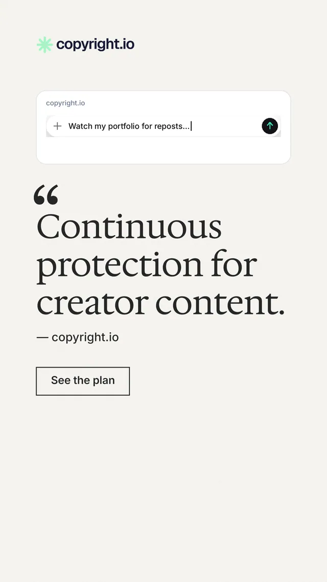 Instagram story for copyright.io: "Continuous protection for creator content." Editorial style, quote layout, light palette in white, grey.