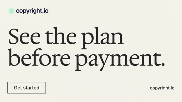 Landscape graphic for copyright.io: "See the plan before payment." Editorial style, poster layout, light palette in white, grey, green.