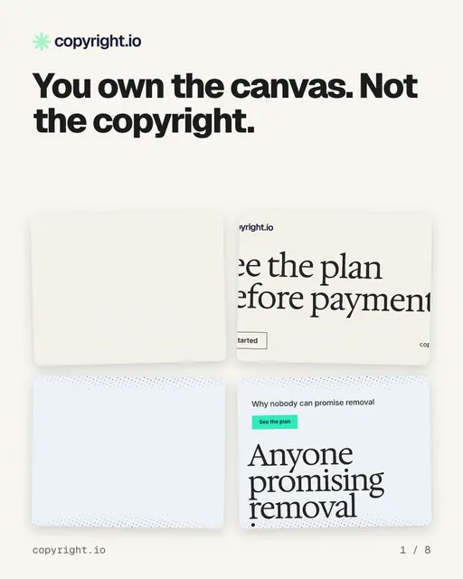 Carousel for copyright.io: "You own the canvas. Not the copyright.". Collection carousel, 8 slides, light palette.