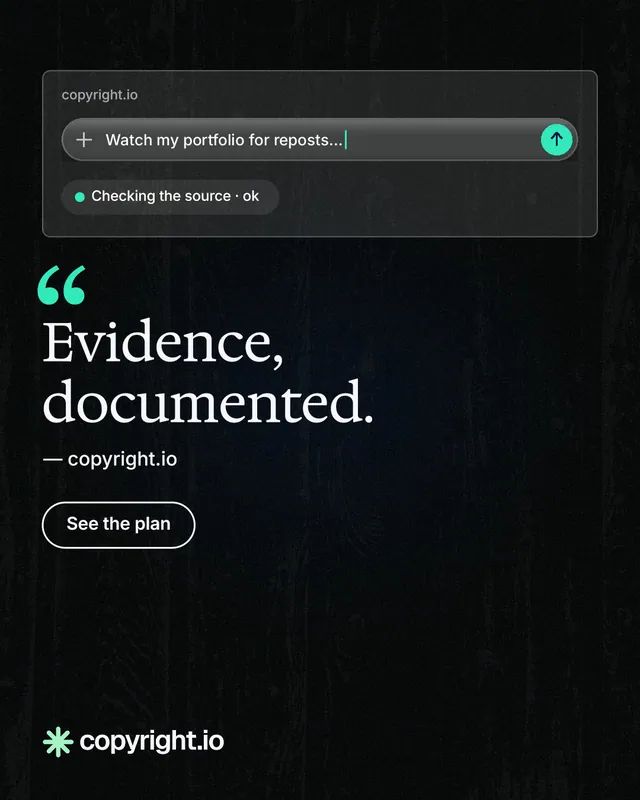 Instagram portrait post for copyright.io: "Evidence, documented." Phosphor atlas style, quote layout, dark palette in black.