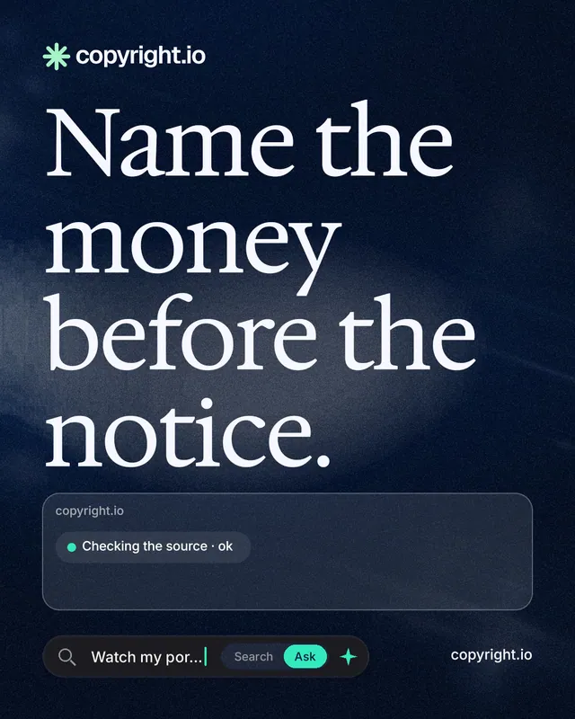 Instagram portrait post for copyright.io: "Name the money before the notice." Thermal style, poster layout, dark palette in blue, black, grey.