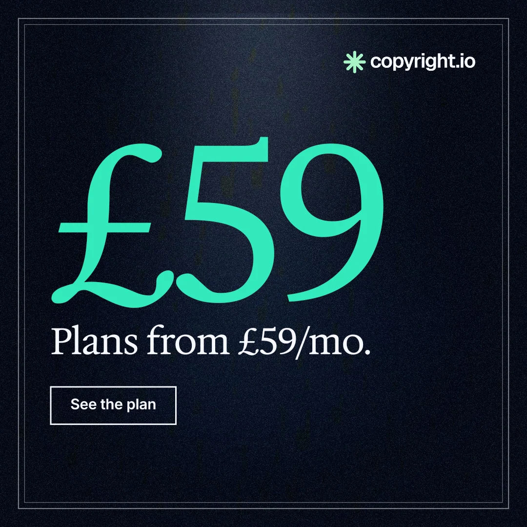 Instagram post for copyright.io: "Your content is being stolen. Put an agent on it." Dark deco style, stat layout, dark palette in black, blue, teal.