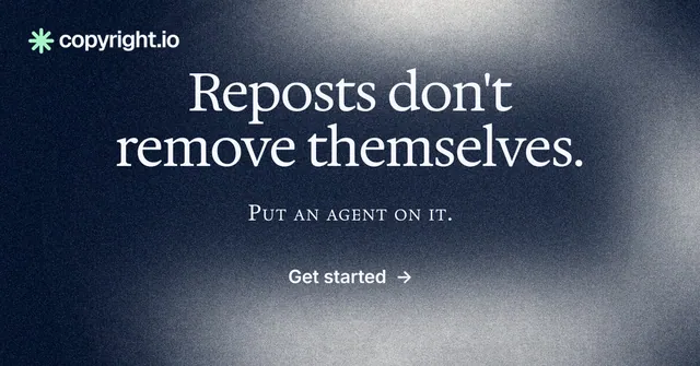 Social ad for copyright.io: "Reposts don't remove themselves." Cyanotype style, smallcaps layout, dark palette in black, blue, grey.
