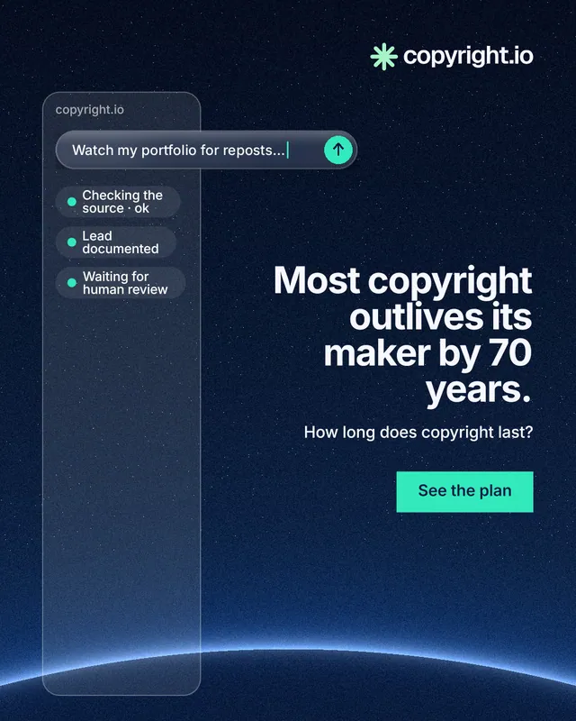 Instagram portrait post for copyright.io: "Most copyright outlives its maker by 70 years." Swiss style, right layout, dark palette in black, blue.