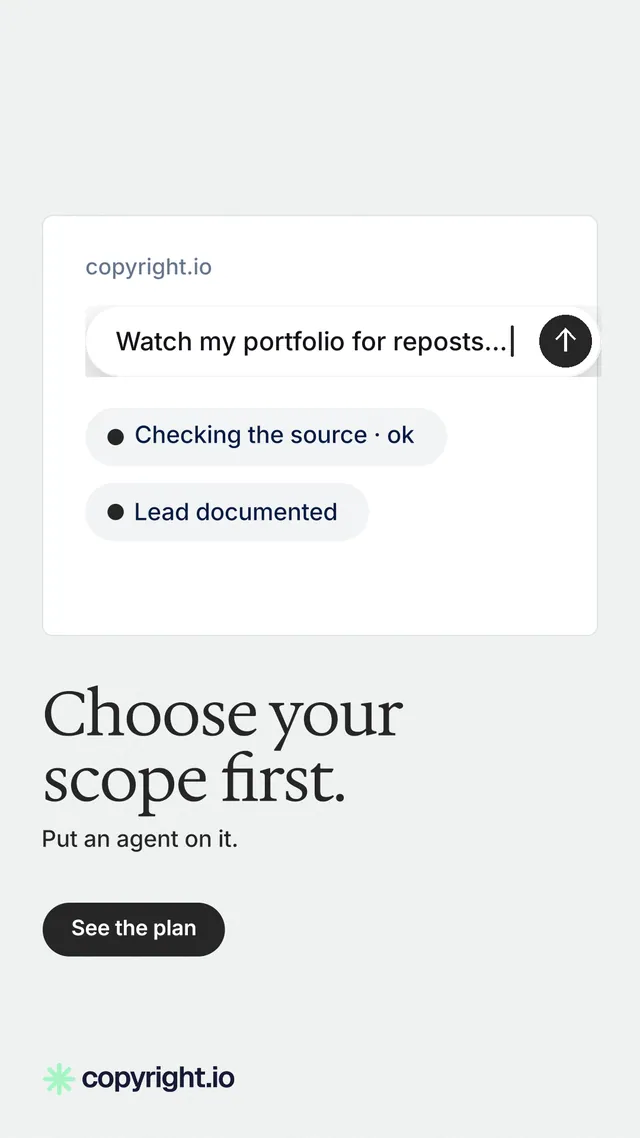 Instagram story for copyright.io: "Choose your scope first." Data card style, bottom layout, light palette in white.
