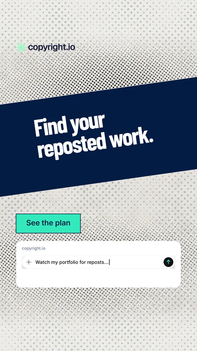 Instagram story for copyright.io: "Find your reposted work." Ink sticker style, diagonal layout, light palette in white, blue, grey.