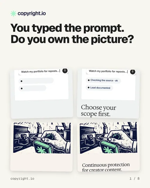 Carousel for copyright.io: "You typed the prompt. Do you own the picture?". Collection carousel, 8 slides, light palette.