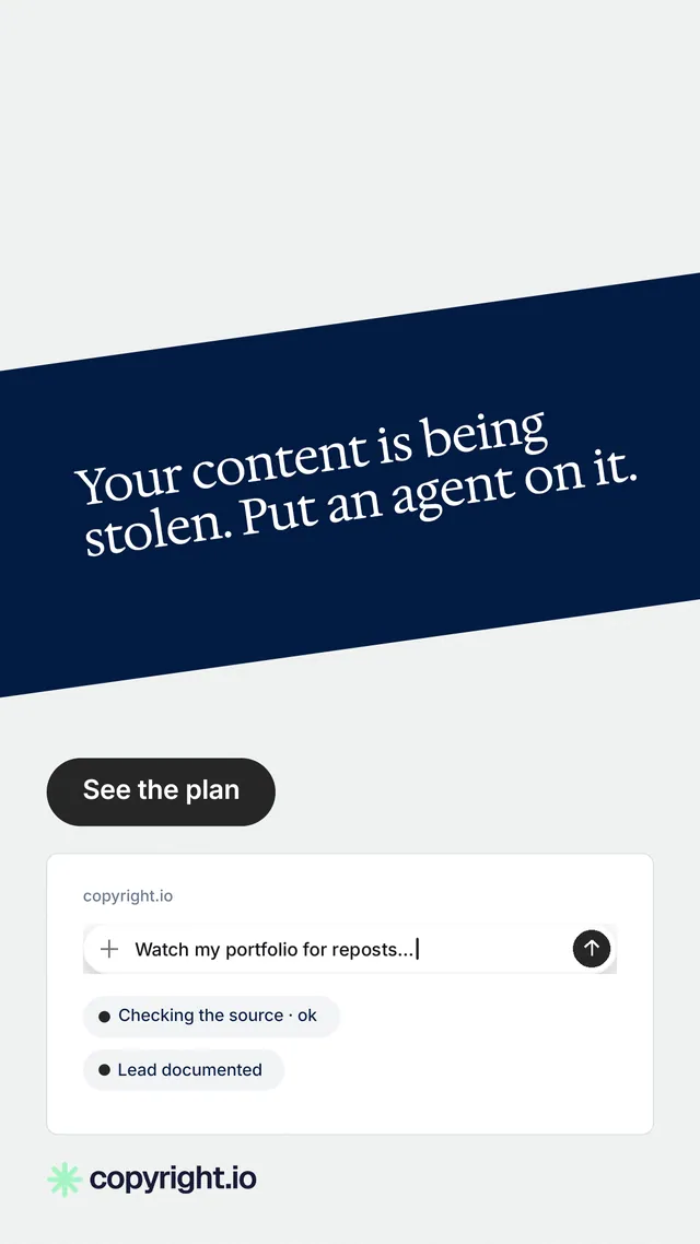 Instagram story for copyright.io: "Your content is being stolen. Put an agent on it." Data card style, diagonal layout, light palette in white, blue.
