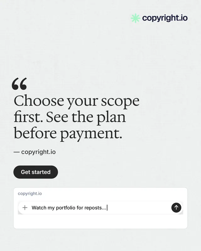 Instagram portrait post for copyright.io: "Choose your scope first. See the plan before payment." Data card style, quote layout, light palette in white, grey.