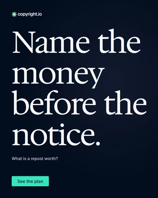 Video for copyright.io: "Name the money before the notice.". Doc motion loop, 7.0 s, dark palette.