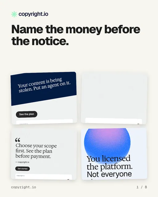 Carousel for copyright.io: "Name the money before the notice.". Collection carousel, 8 slides, light palette.