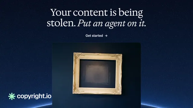 Landscape graphic for copyright.io: "Your content is being stolen. Put an agent on it." Agentic glass style, ogui layout, dark palette in blue, black, grey.