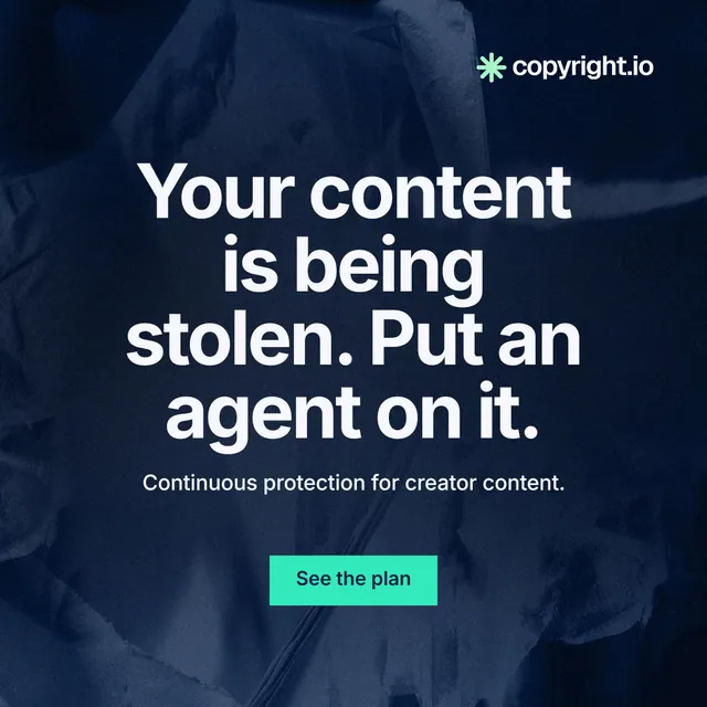 Instagram post for copyright.io: "Your content is being stolen. Put an agent on it." Swiss style, centred layout, dark palette in blue, black, grey.