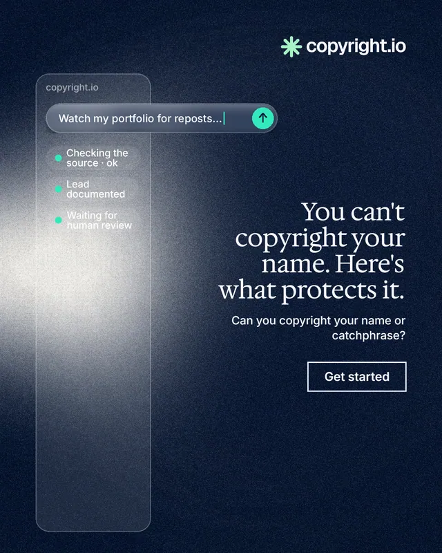Instagram portrait post for copyright.io: "You can't copyright your name. Here's what protects it." Cyanotype style, right layout, dark palette in blue, black, grey.