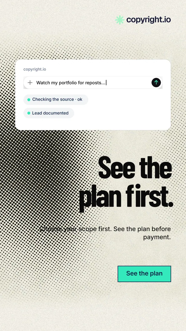 Instagram story for copyright.io: "See the plan first." Ink sticker style, right layout, light palette in yellow, grey, white.