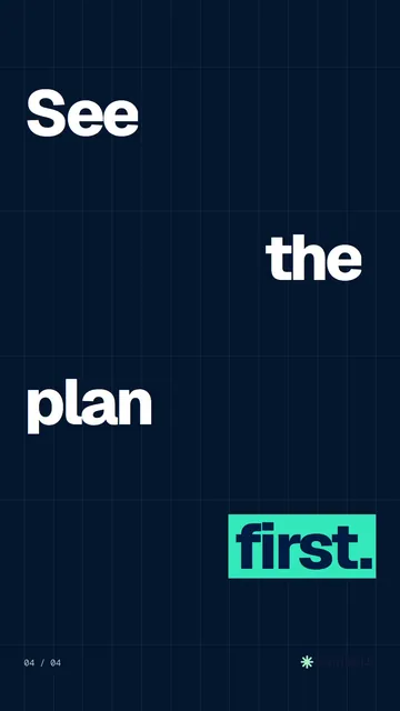 Video for copyright.io: "See the plan first.". Kinetic type grid, 6.0 s, dark palette.