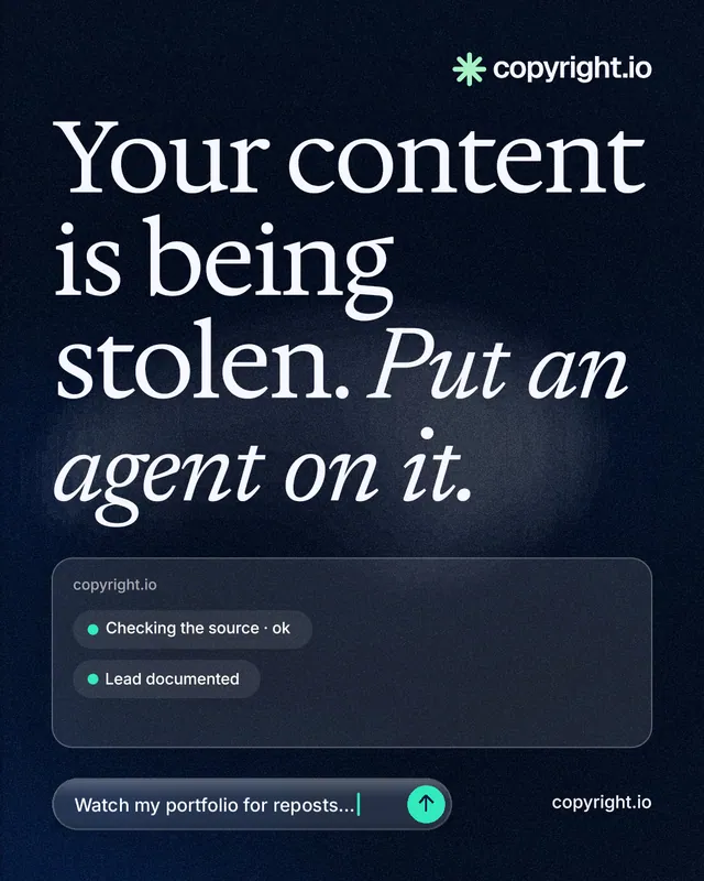 Instagram portrait post for copyright.io: "Your content is being stolen. Put an agent on it." Thermal style, poster layout, dark palette in blue, black, grey.