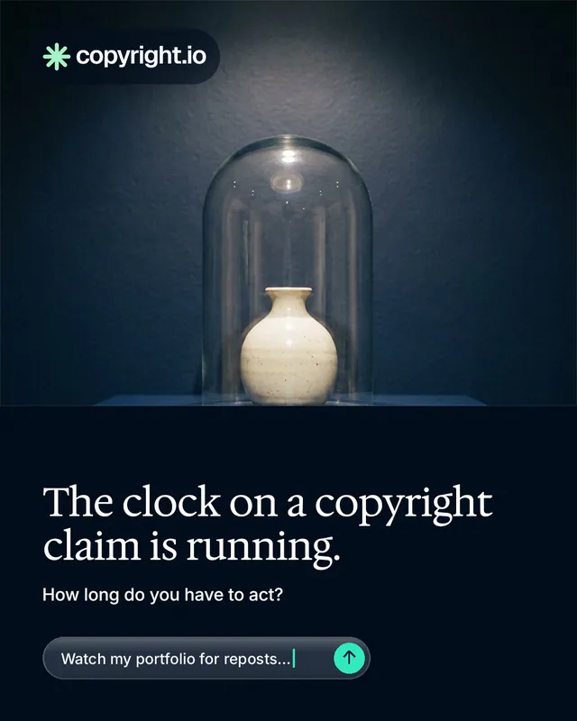 Instagram portrait post for copyright.io: "The clock on a copyright claim is running." Agentic glass style, bottom layout, dark palette in blue, black, grey.