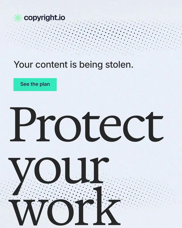 Instagram portrait post for copyright.io: "Protect your work." Swiss style, oversized layout, light palette in white, blue, grey.