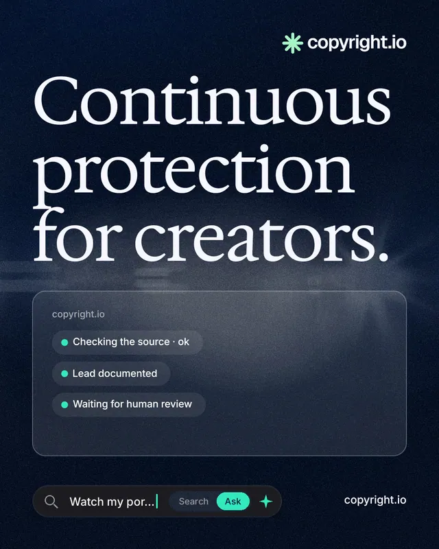 Instagram portrait post for copyright.io: "Continuous protection for creators." Thermal style, poster layout, dark palette in blue, black, grey.