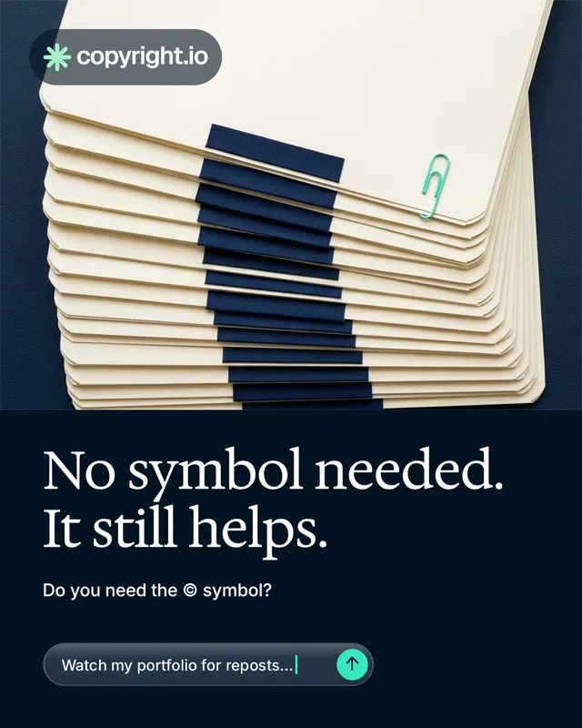 Instagram portrait post for copyright.io: "No symbol needed. It still helps." Agentic glass style, bottom layout, dark palette in yellow, black, blue.