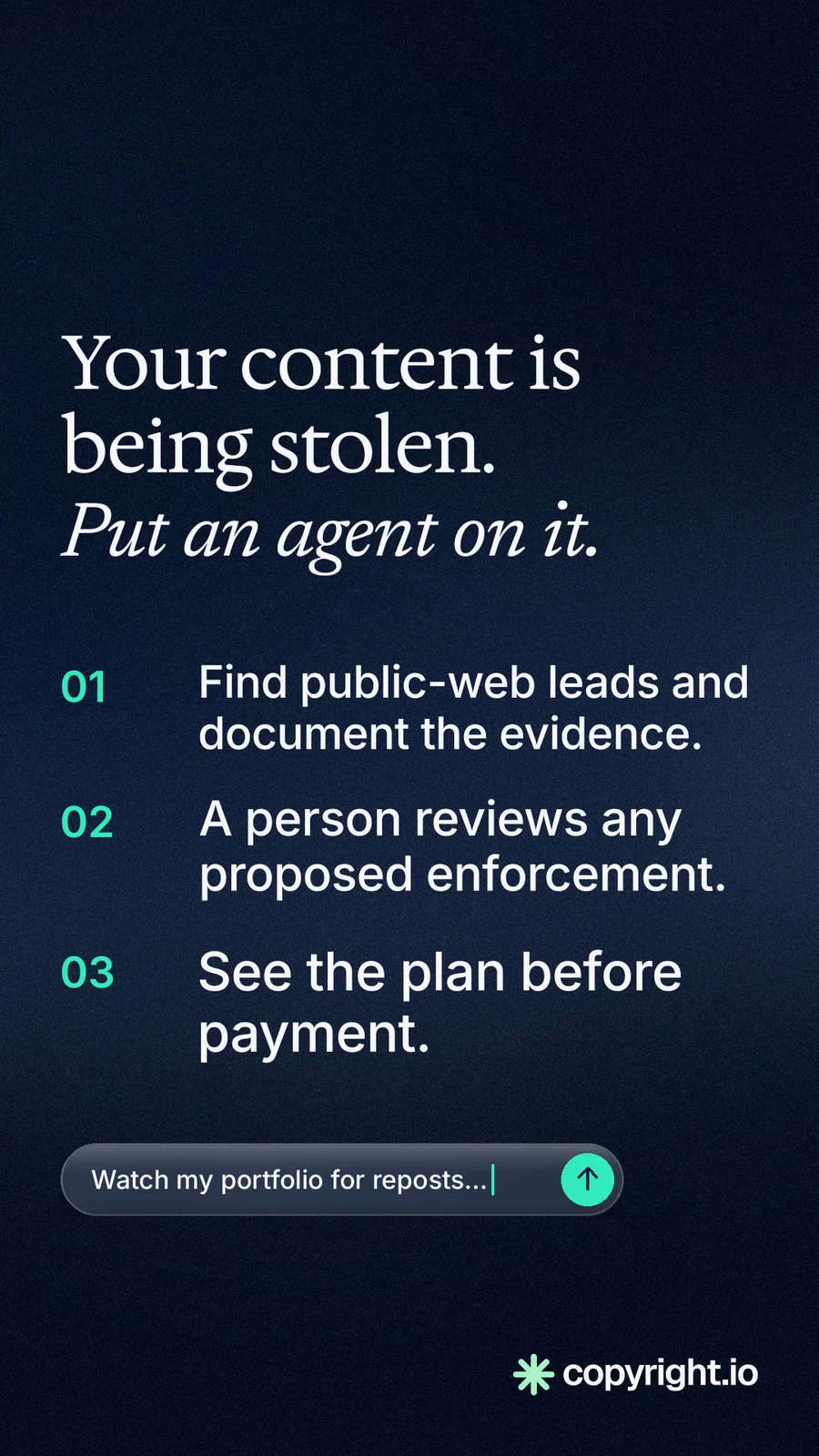 Instagram story for copyright.io: "Your content is being stolen. Put an agent on it." Agentic glass style, numbered layout, dark palette in black, blue, grey.