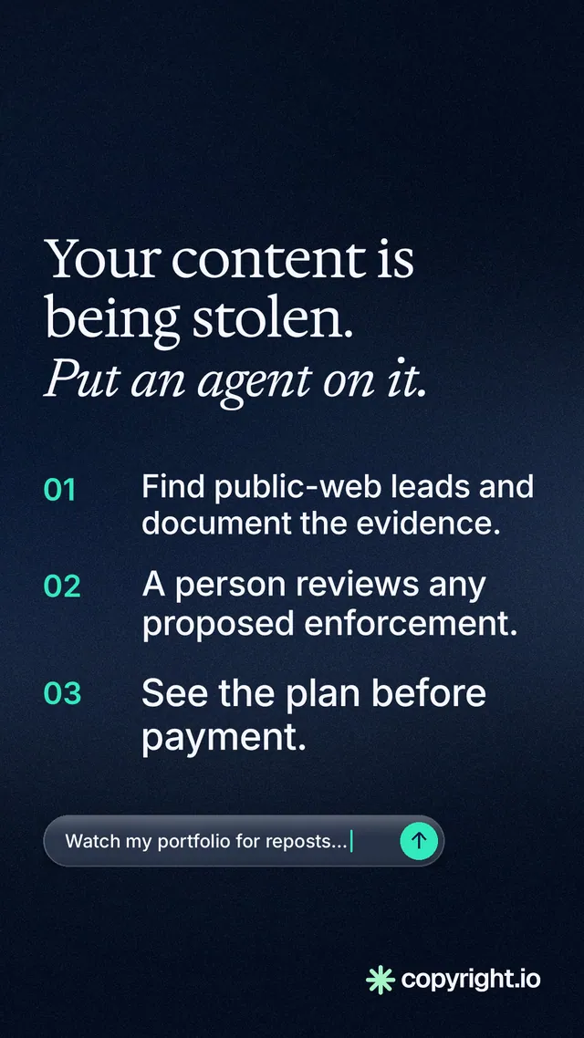 Instagram story for copyright.io: "Your content is being stolen. Put an agent on it." Agentic glass style, numbered layout, dark palette in black, blue, grey.