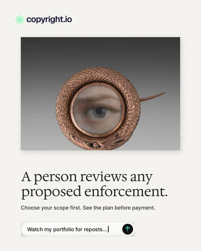 Instagram portrait post for copyright.io: "A person reviews any proposed enforcement." Agentic glass style, bottom layout, light palette in white, grey.