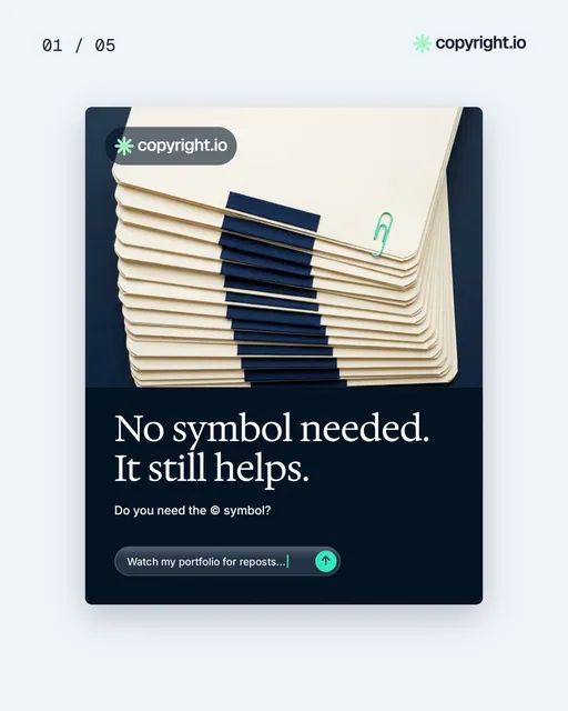 Video for copyright.io. Ad flipbook, 7.5 s, light palette.