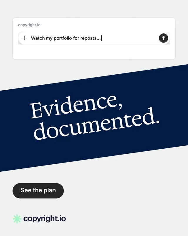 Instagram portrait post for copyright.io: "Evidence, documented." Data card style, diagonal layout, light palette in blue, white.