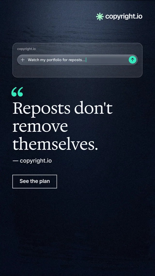 Instagram story for copyright.io: "Reposts don't remove themselves." Dark deco style, quote layout, dark palette in black, grey.