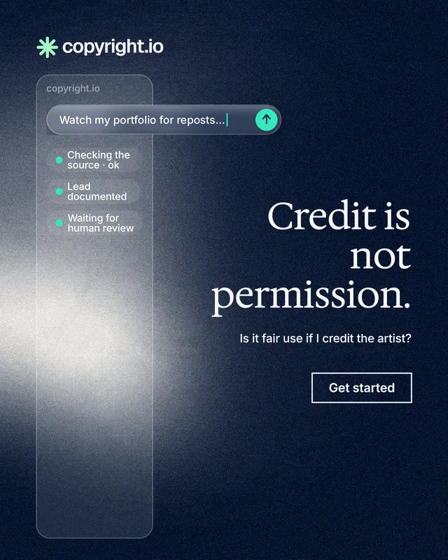 Instagram portrait post for copyright.io: "Credit is not permission." Cyanotype style, right layout, dark palette in blue, grey, black.