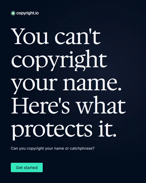 Video for copyright.io: "You can't copyright your name. Here's what protects it.". Doc motion loop, 8.0 s, dark palette.
