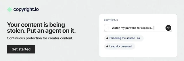 X header for copyright.io: "Your content is being stolen. Put an agent on it." Swiss style, bottom layout, light palette in white, grey.