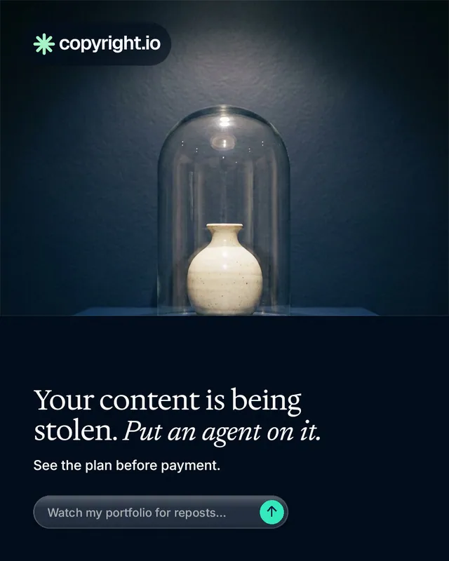 Instagram portrait post for copyright.io: "Your content is being stolen. Put an agent on it." Agentic glass style, bottom layout, dark palette in blue, black, grey.