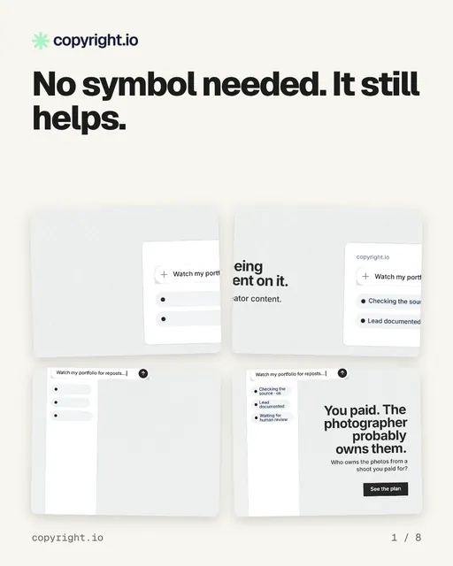 Carousel for copyright.io: "No symbol needed. It still helps.". Collection carousel, 8 slides, light palette.