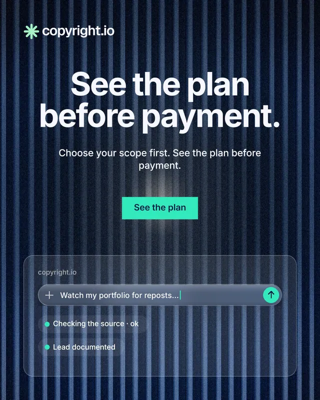 Instagram portrait post for copyright.io: "See the plan before payment." Swiss style, centred layout, dark palette in blue, black, grey.