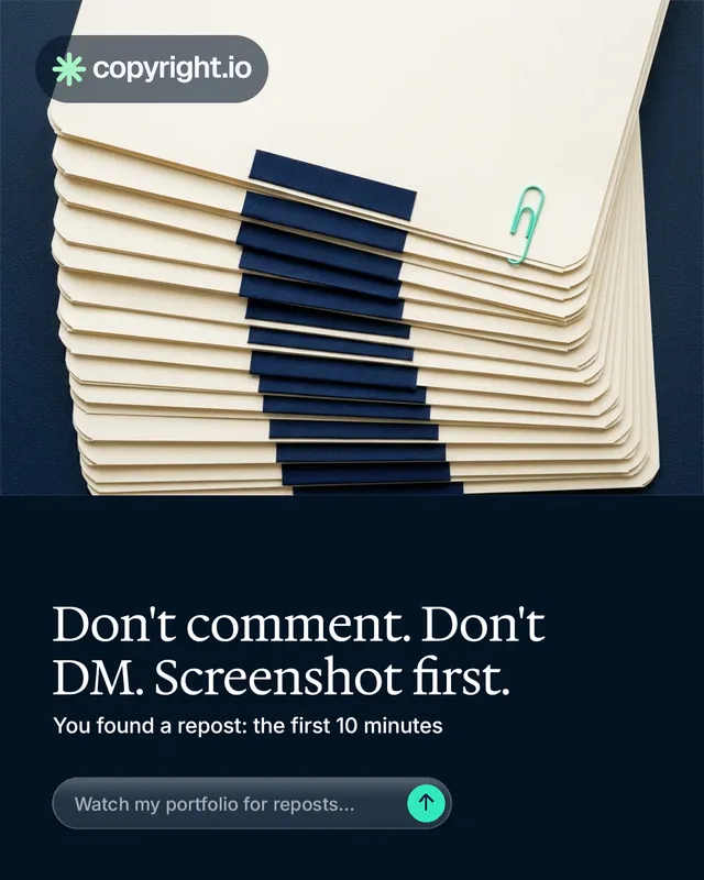 Instagram portrait post for copyright.io: "Don't comment. Don't DM. Screenshot first." Agentic glass style, bottom layout, dark palette in yellow, black, blue.