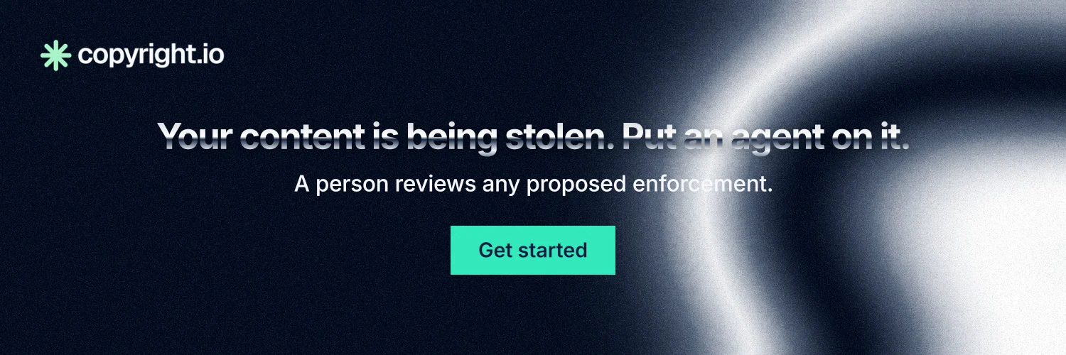 X header for copyright.io: "Your content is being stolen. Put an agent on it." Swiss style, centred layout, dark palette in black, grey, blue.