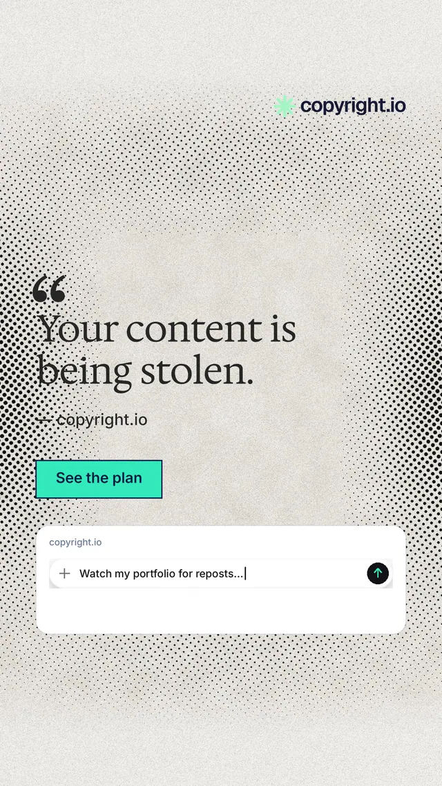 Instagram story for copyright.io: "Your content is being stolen." Ink sticker style, quote layout, light palette in white, grey.