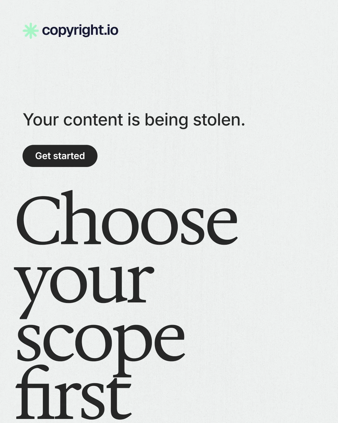 Instagram portrait post for copyright.io: "Choose your scope first." Data card style, oversized layout, light palette in white, grey.