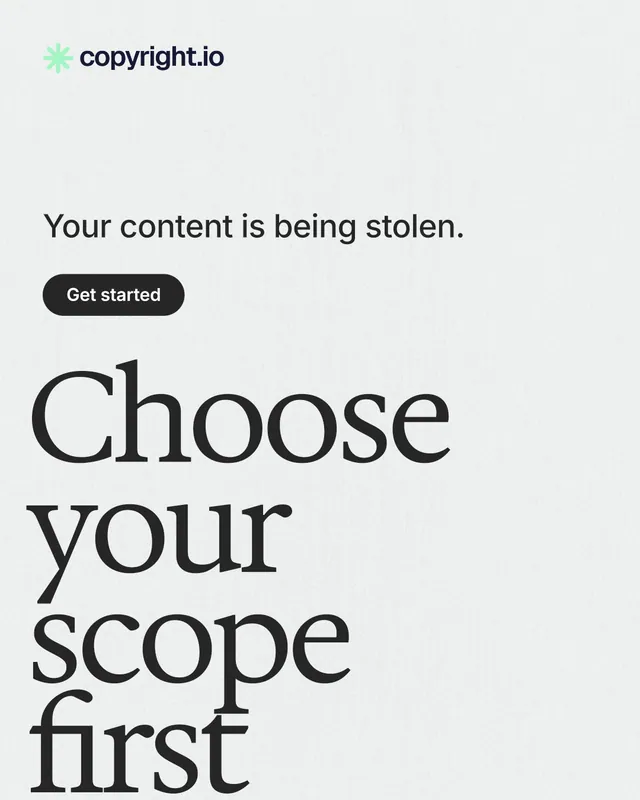 Instagram portrait post for copyright.io: "Choose your scope first." Data card style, oversized layout, light palette in white, grey.